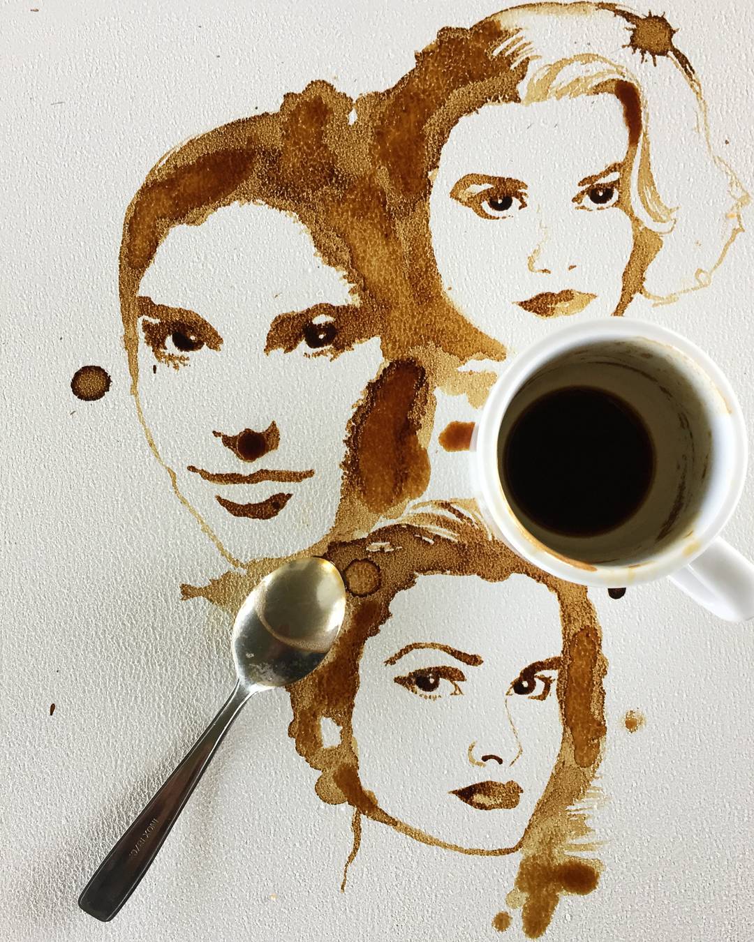 Artistic coffee stain portraits of two women