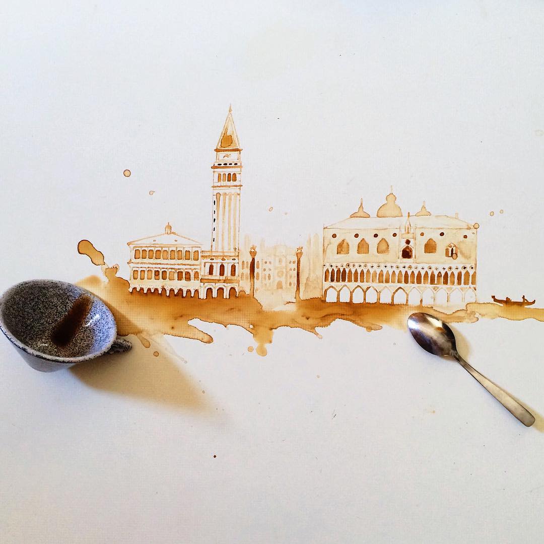 A captivating artwork depicting iconic Venetian architecture created with coffee spills