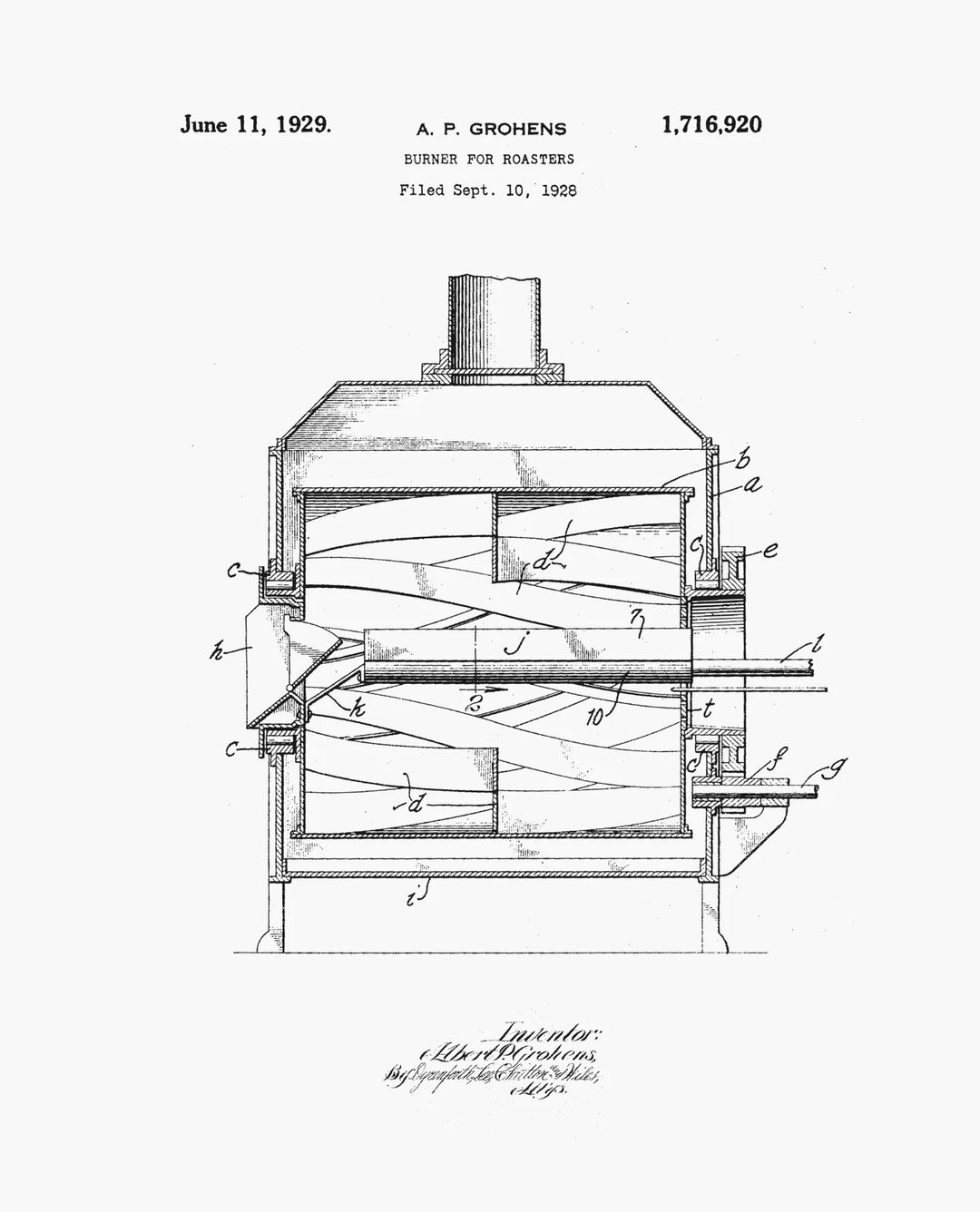 A vintage patent illustration of a roaster burner