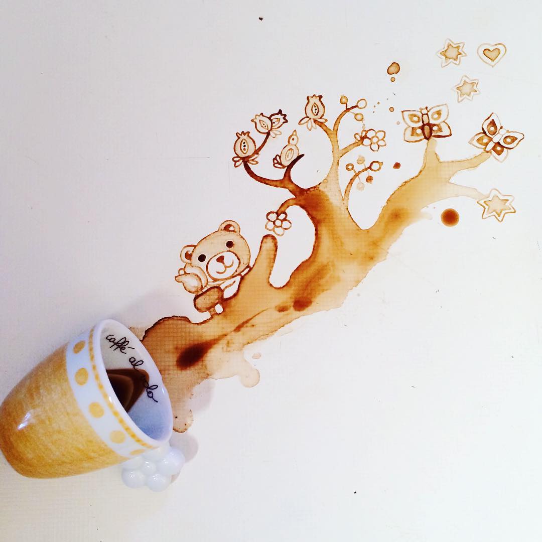 A whimsical coffee art spill transforming into a playful scene with a bear, owls, and stars