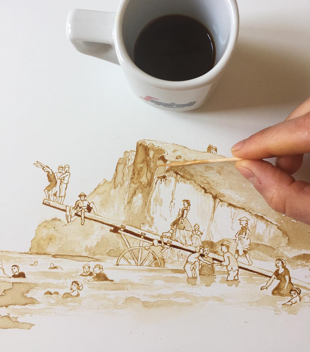 A whimsical coffee art scene depicting a vintage outdoor bathhouse with characters engaging in various activities