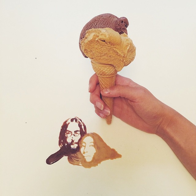 A whimsical shadow art scene created with melted ice cream, featuring two human faces