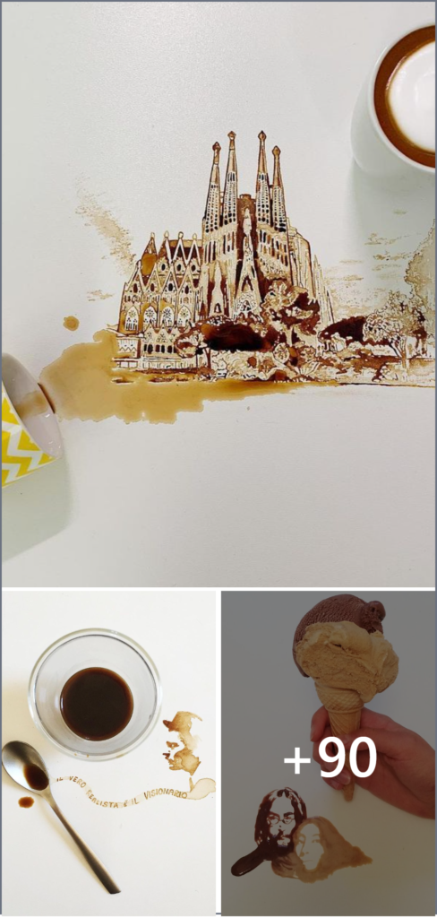 Artistic depiction of a famous architectural landmark created using spilled coffee